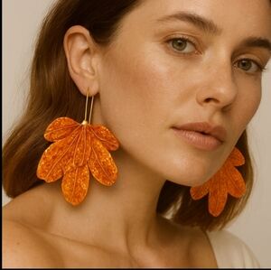 ZARA Burnished Orange Leaf Statement Earrings Floral | NWOT